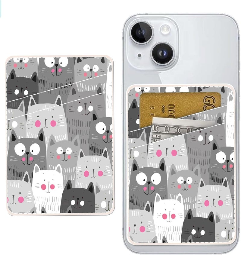 AOHRO Dual Pocket Leather Phone Wallet Adhesive Stick On, Cute Card Holder, Credit Card Holder for Phone Case, Grey Cute Cats - Image 1